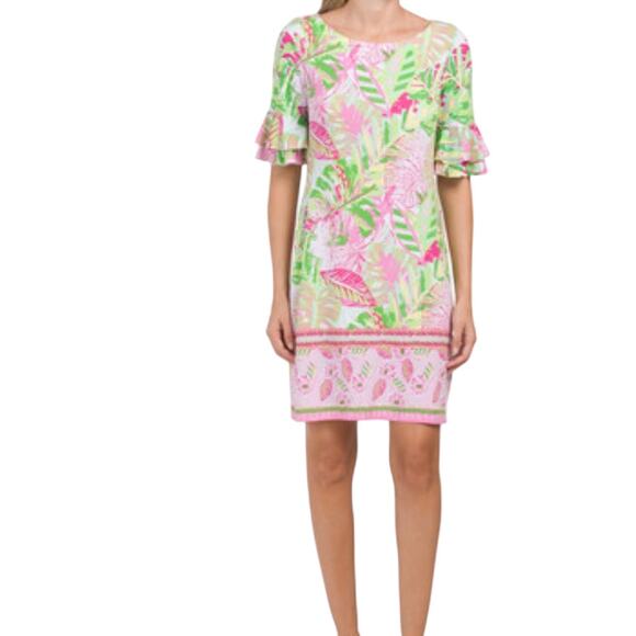 Pappagallo Erika Flutter Sleeve Tropical Mini Dress Size‎ SMALL Pink Green